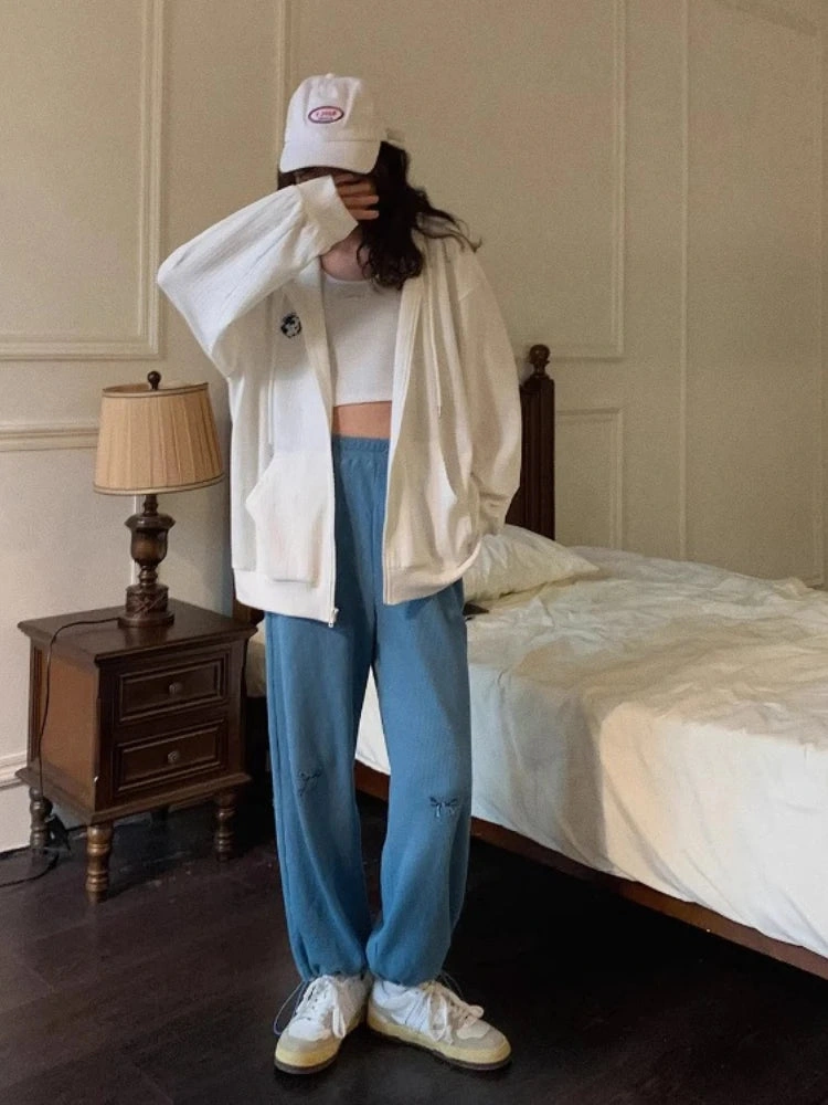 Womens Casual Wide Leg Pants with Bow Embroidery